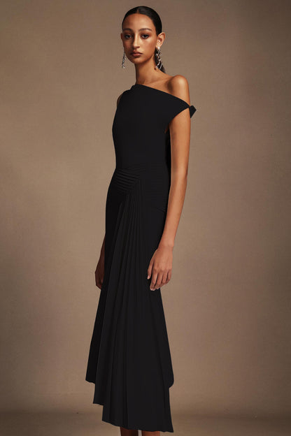 Oblique Shoulder Sleeveless Folds Midi Dress