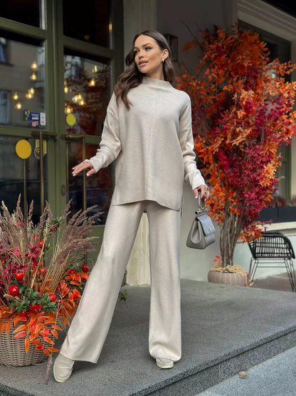 Cozy Chic Knit Set – Split-Hem Top & Wide-Leg Pants