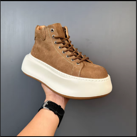 Fashionable Genuine Leather Chunky Sole Height-Boosting Retro-Inspired Versatile High-Top Sneakers