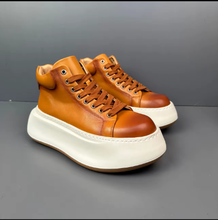 Fashionable Genuine Leather Chunky Sole Height-Boosting Retro-Inspired Versatile High-Top Sneakers