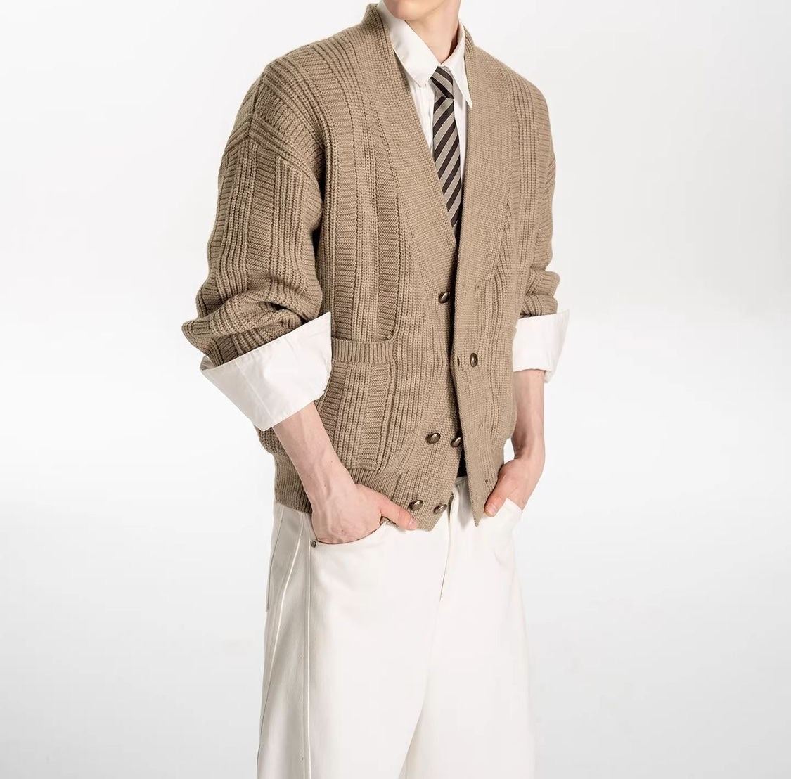 Oversized Double-Breasted Knit Cardigan – V-Neck
