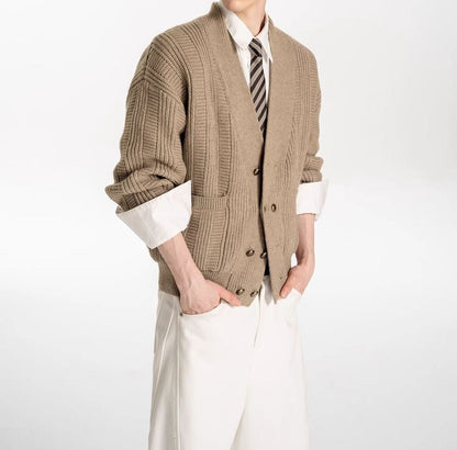 Oversized Double-Breasted Knit Cardigan – V-Neck