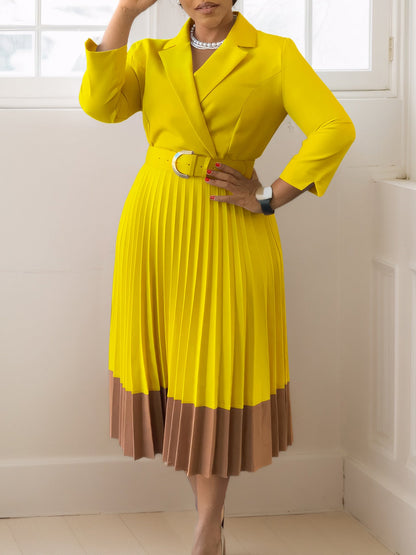 Power & Poise — Chic Suit-Collar Pleated Dress for Work & Beyond