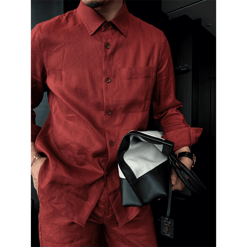 Hand-stitched linen lightweight loose-fit shirt with long sleeves and casual pants set
