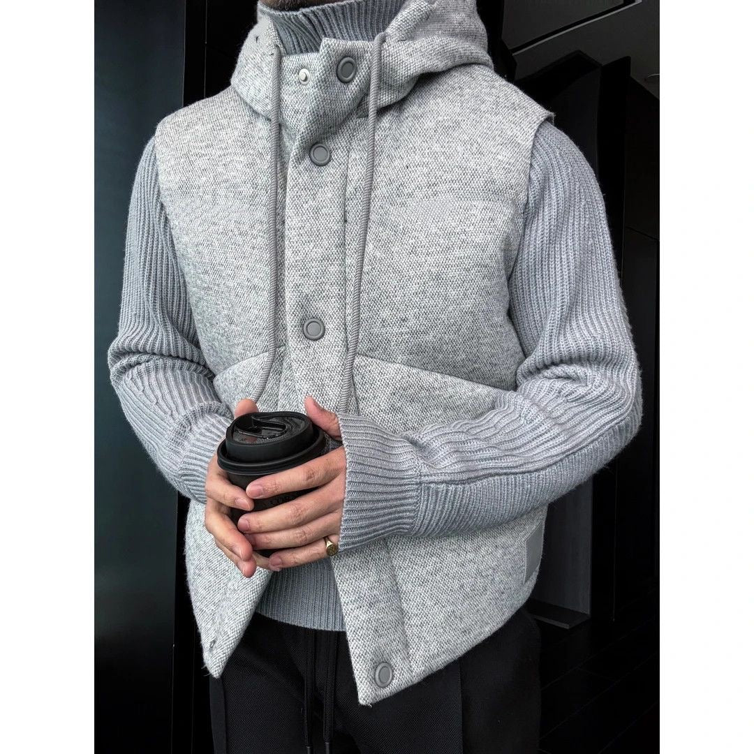 Premium Hooded Wool-Blend Vest with Leather Trim