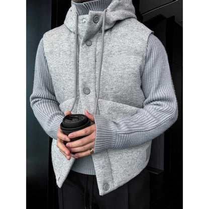Premium Hooded Wool-Blend Vest with Leather Trim