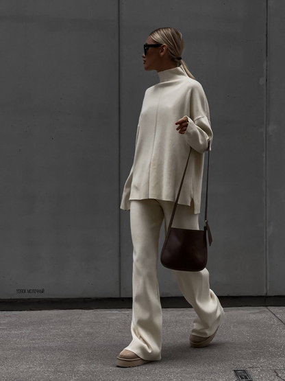 Cozy Chic Knit Set – Split-Hem Top & Wide-Leg Pants