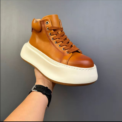 Fashionable Genuine Leather Chunky Sole Height-Boosting Retro-Inspired Versatile High-Top Sneakers