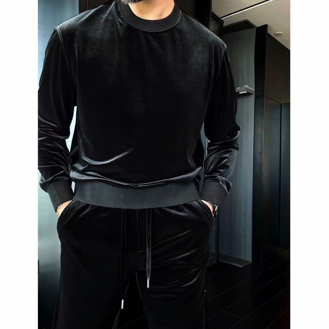 Black Velvet Slightly Wide-Leg Long-Sleeve Crewneck Sweatshirt Set