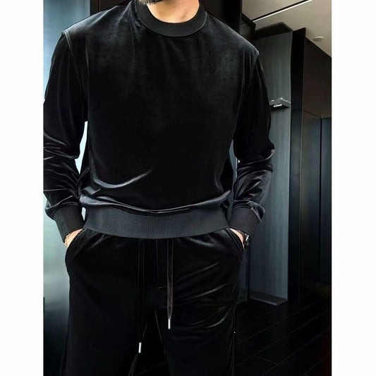 Black Velvet Slightly Wide-Leg Long-Sleeve Crewneck Sweatshirt Set