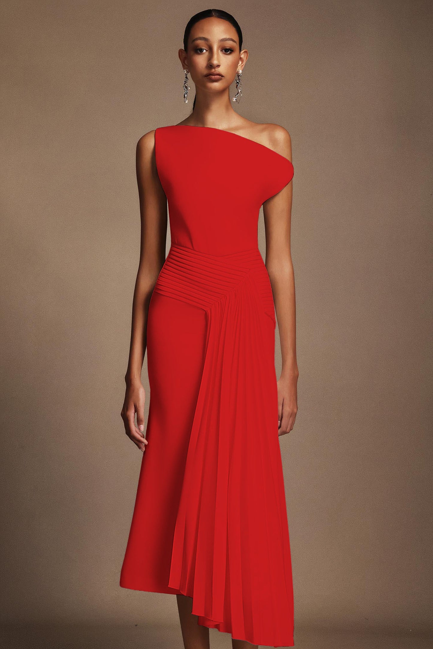 Oblique Shoulder Sleeveless Folds Midi Dress