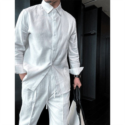 Hand-stitched linen lightweight loose-fit shirt with long sleeves and casual pants set