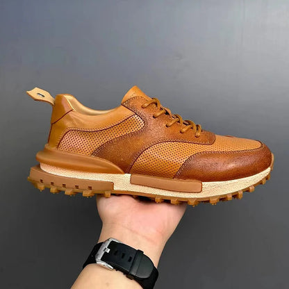 Handcrafted Vintage Horsehide Breathable Lightweight Soft Sole Height-Enhancing Athletic Versatile Holiday Casual Non-Slip Running Shoes