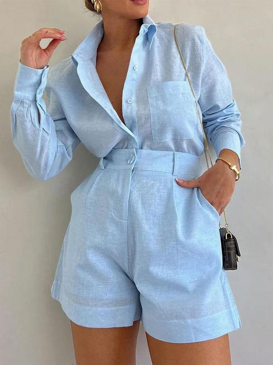 Casual short suit trousers long sleeve shirt set