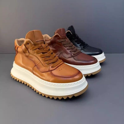Handcrafted Vintage Cowhide High-Top Versatile Breathable Casual Chunky-Sole Sneakers