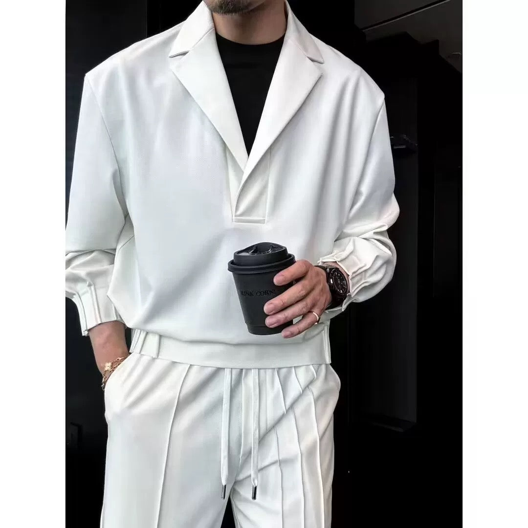 Premium Minimalist V-Neck Men’s Solid-Color Shirt Set | Business Casual Two-Piece Outfit