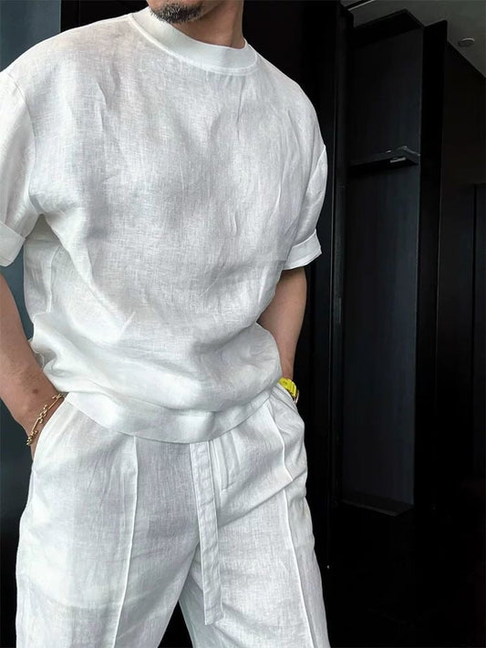 Lightweight Tencel Linen Premium Casual Relaxed-Fit Short-Sleeve Top and Long Pants Set