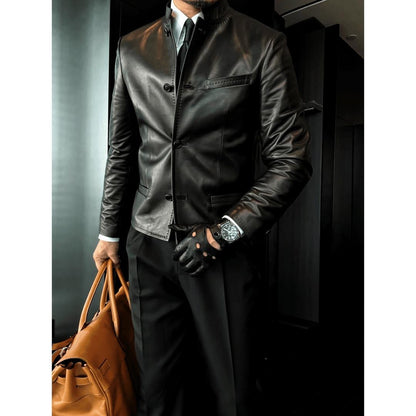 Stand-collar fitted autumn/winter cropped business leather jacket