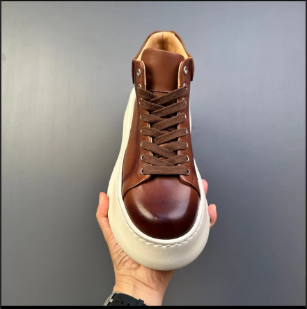 Fashionable Genuine Leather Chunky Sole Height-Boosting Retro-Inspired Versatile High-Top Sneakers