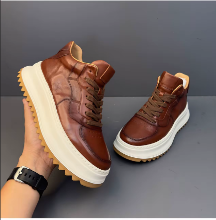 Handcrafted Vintage Cowhide High-Top Versatile Breathable Casual Chunky-Sole Sneakers