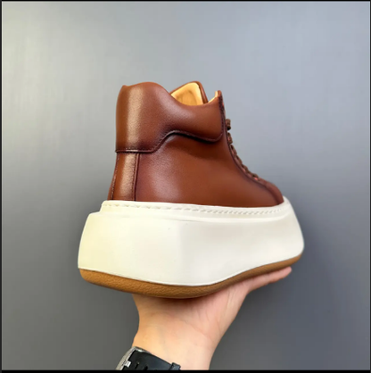 Fashionable Genuine Leather Chunky Sole Height-Boosting Retro-Inspired Versatile High-Top Sneakers