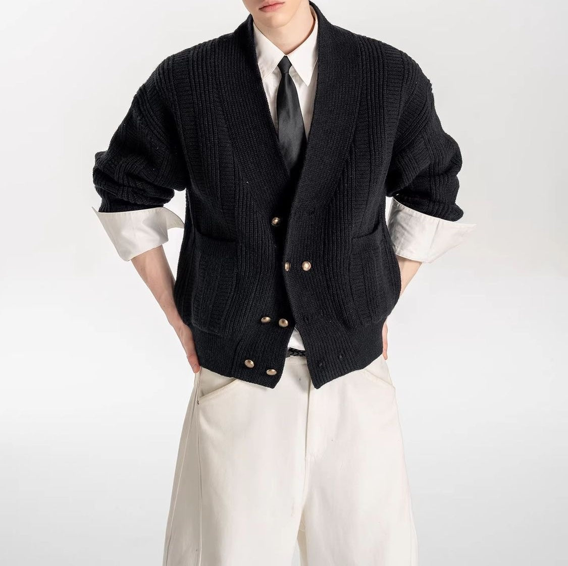 Oversized Double-Breasted Knit Cardigan – V-Neck