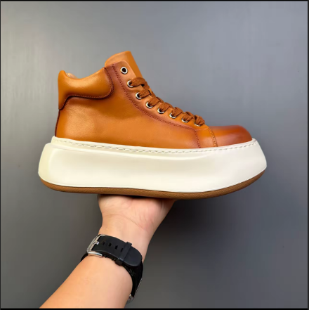 Fashionable Genuine Leather Chunky Sole Height-Boosting Retro-Inspired Versatile High-Top Sneakers