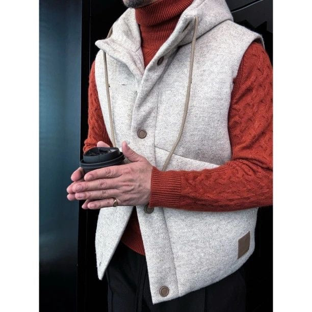 Premium Hooded Wool-Blend Vest with Leather Trim