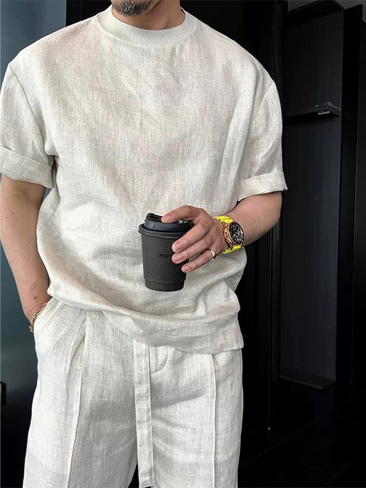Lightweight Tencel Linen Premium Casual Relaxed-Fit Short-Sleeve Top and Long Pants Set
