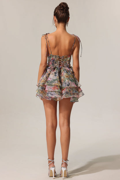 Hester Sleeveless V-Neck Lacing Flounce Mini Dress