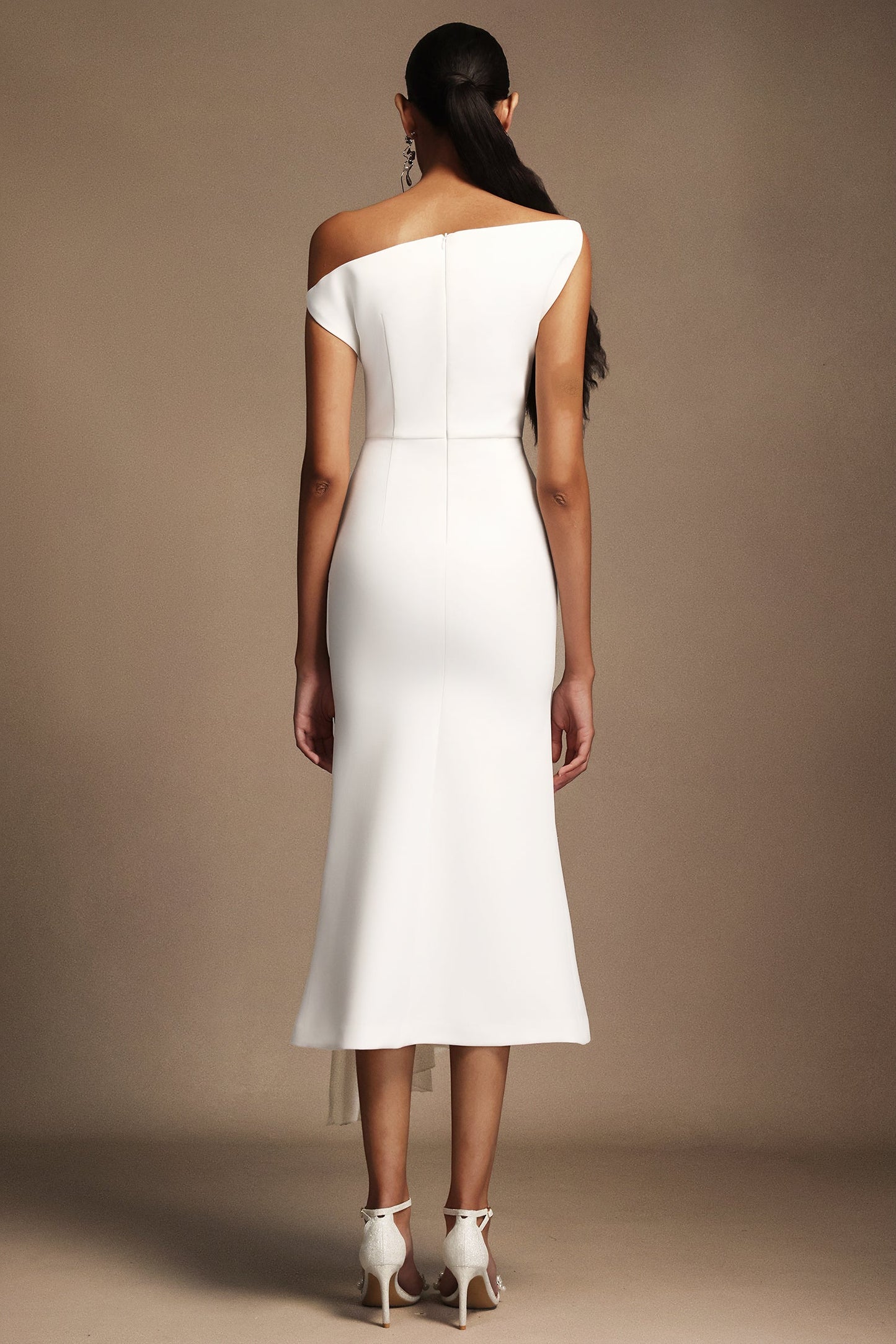 Oblique Shoulder Sleeveless Folds Midi Dress