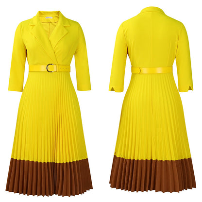 Power & Poise — Chic Suit-Collar Pleated Dress for Work & Beyond