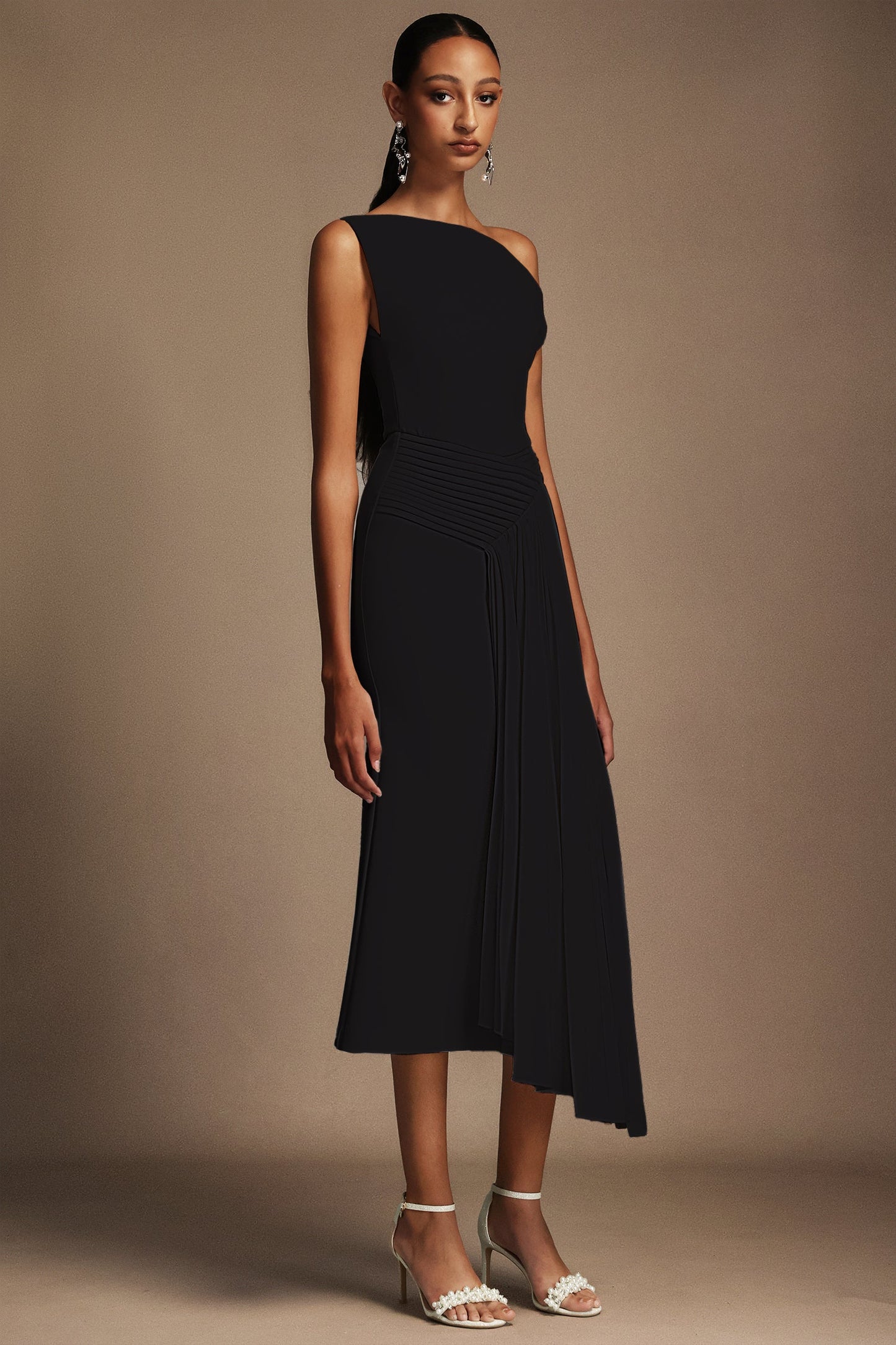 Oblique Shoulder Sleeveless Folds Midi Dress