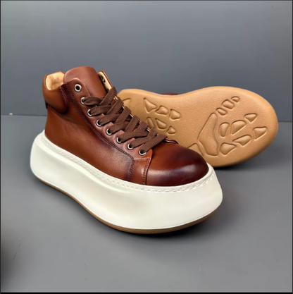 Fashionable Genuine Leather Chunky Sole Height-Boosting Retro-Inspired Versatile High-Top Sneakers