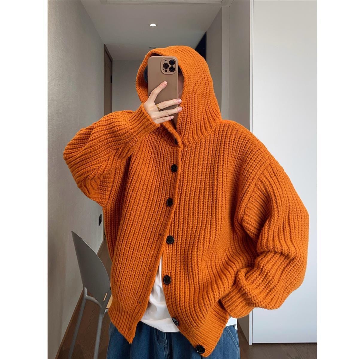 Autumn/Winter Vintage Oversized Knit Single-Button Hooded Sweater Jacket