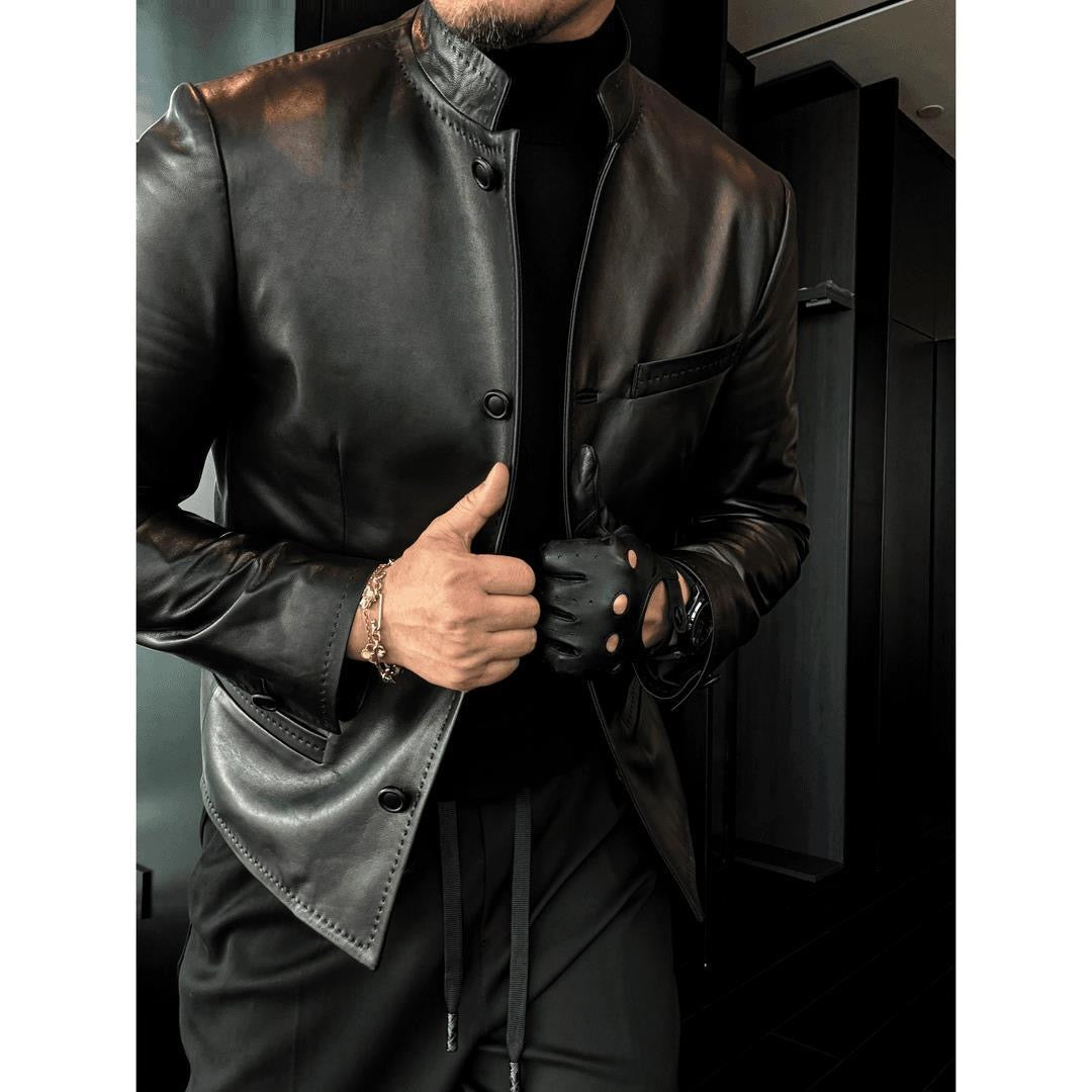 Stand-collar fitted autumn/winter cropped business leather jacket