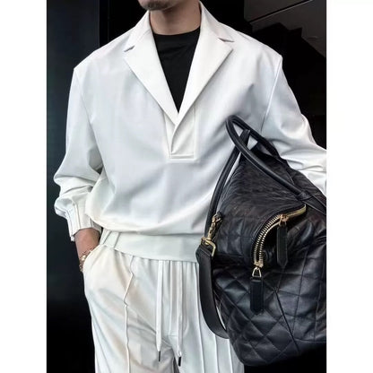 Premium Minimalist V-Neck Men’s Solid-Color Shirt Set | Business Casual Two-Piece Outfit