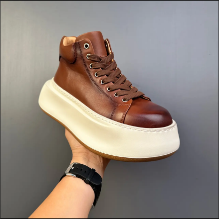 Fashionable Genuine Leather Chunky Sole Height-Boosting Retro-Inspired Versatile High-Top Sneakers