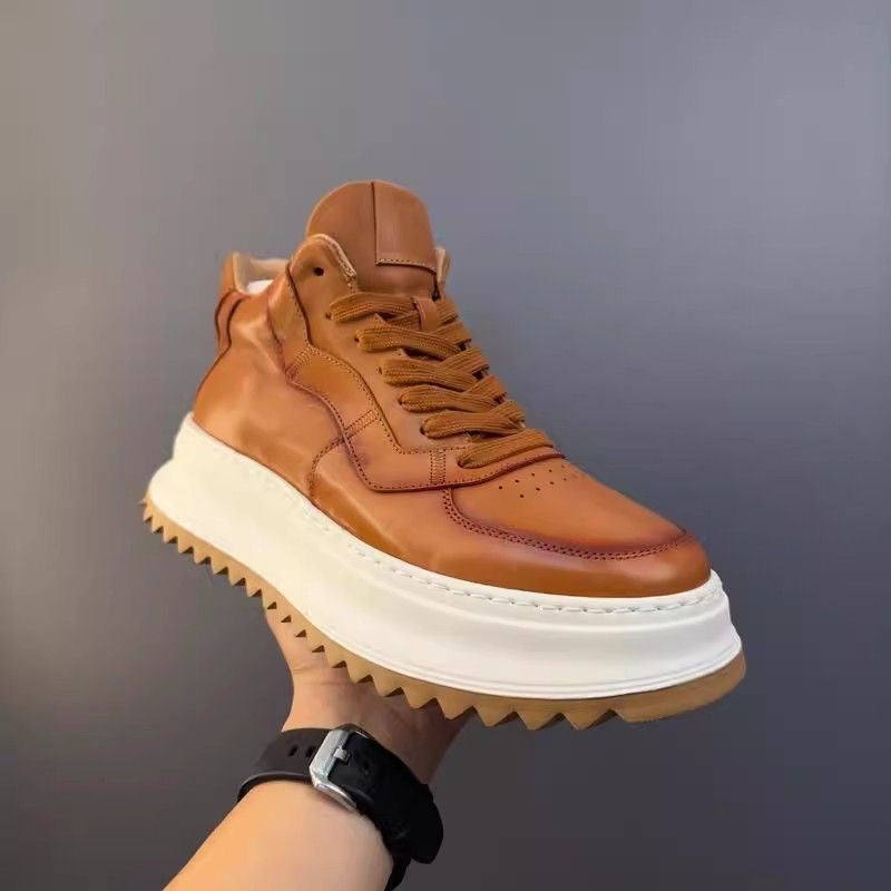 Handcrafted Vintage Cowhide High-Top Versatile Breathable Casual Chunky-Sole Sneakers