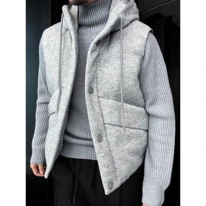 Premium Hooded Wool-Blend Vest with Leather Trim