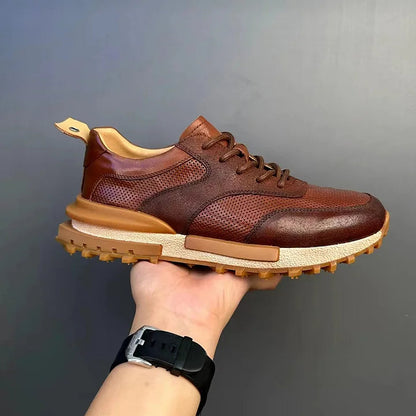 Handcrafted Vintage Horsehide Breathable Lightweight Soft Sole Height-Enhancing Athletic Versatile Holiday Casual Non-Slip Running Shoes