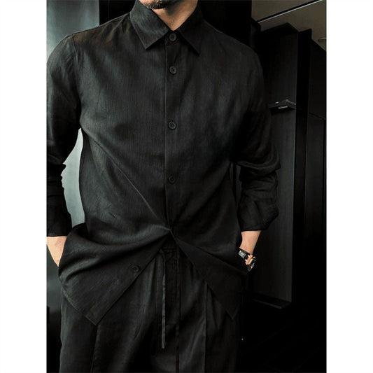 Hand-stitched linen lightweight loose-fit shirt with long sleeves and casual pants set