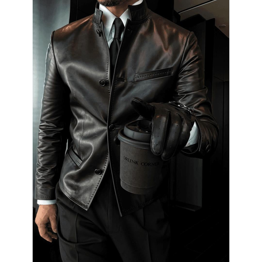 Stand-collar fitted autumn/winter cropped business leather jacket