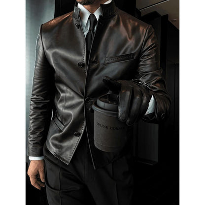 Stand-collar fitted autumn/winter cropped business leather jacket