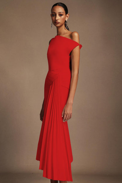 Oblique Shoulder Sleeveless Folds Midi Dress