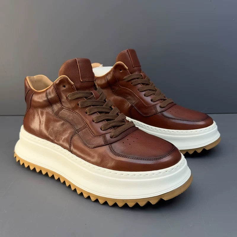 Handcrafted Vintage Cowhide High-Top Versatile Breathable Casual Chunky-Sole Sneakers