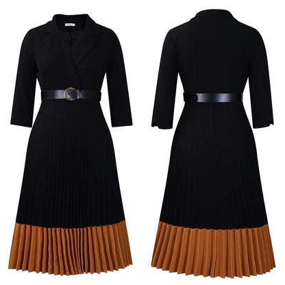 Power & Poise — Chic Suit-Collar Pleated Dress for Work & Beyond