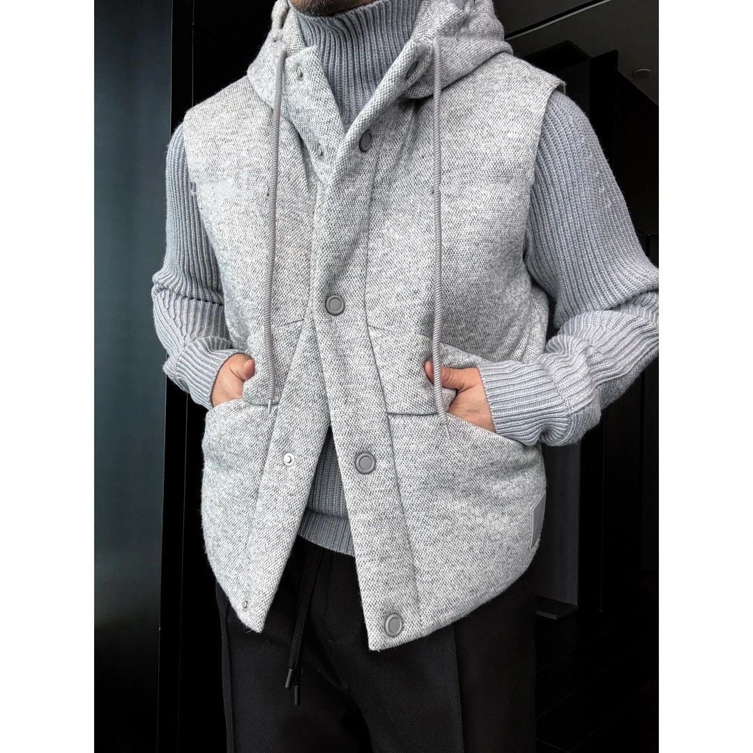 Premium Hooded Wool-Blend Vest with Leather Trim