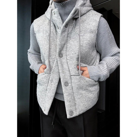 Premium Hooded Wool-Blend Vest with Leather Trim