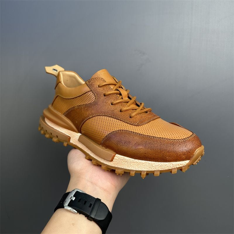 Handcrafted Vintage Horsehide Breathable Lightweight Soft Sole Height-Enhancing Athletic Versatile Holiday Casual Non-Slip Running Shoes